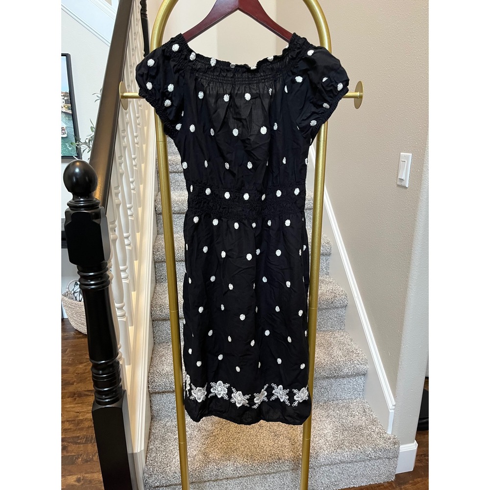 Black and white coquette midi dress embroidered smocked cotton small - Picture 2 of 5